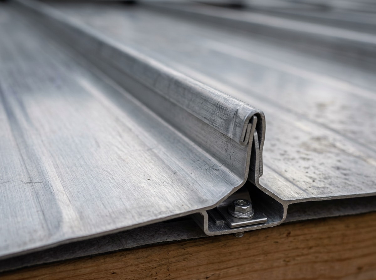 Close-up of a standing seam aluminum roof panel with concealed fastener seam