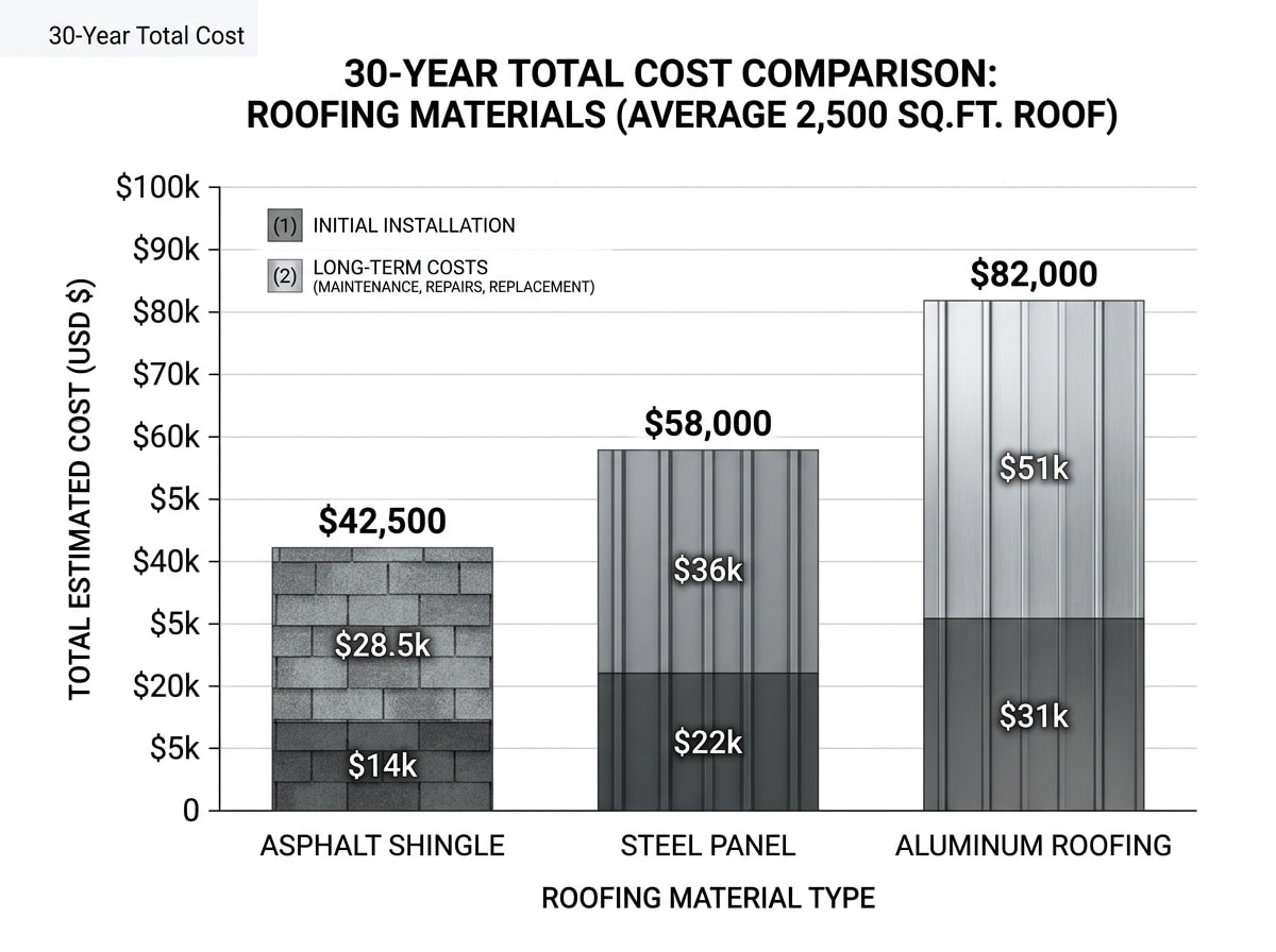 Comparison chart showing 30-year total cost of asphalt, steel, and aluminum roofing
