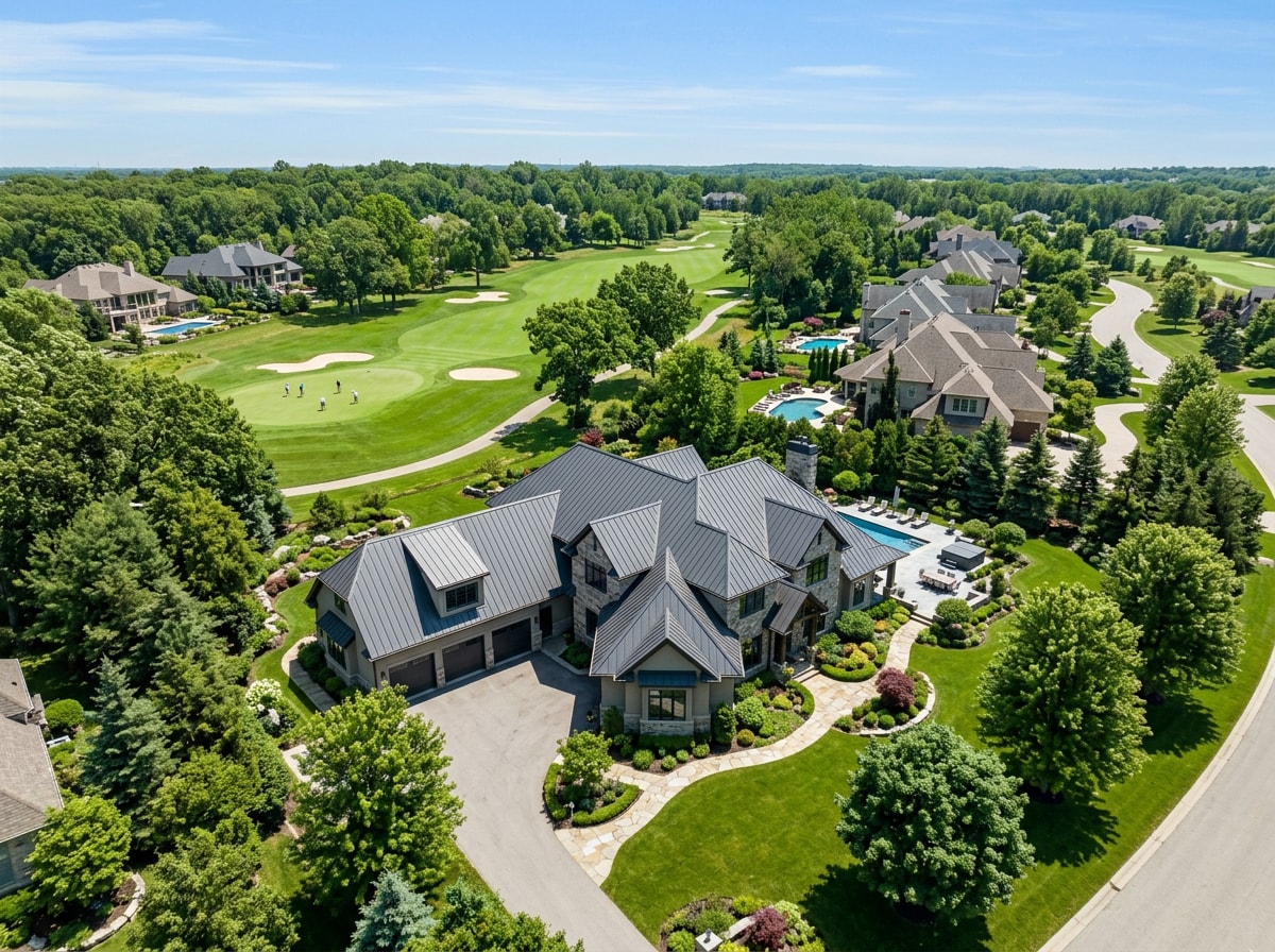 Aerial view of a finished aluminum standing seam roof on a large residential home