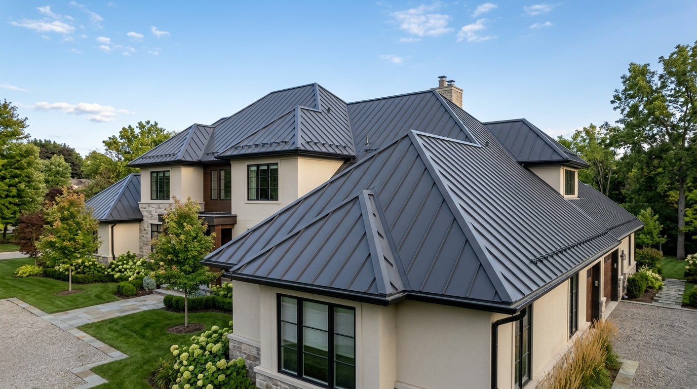 Finished aluminum standing seam roof on a large upscale home in Hallbrook, MO