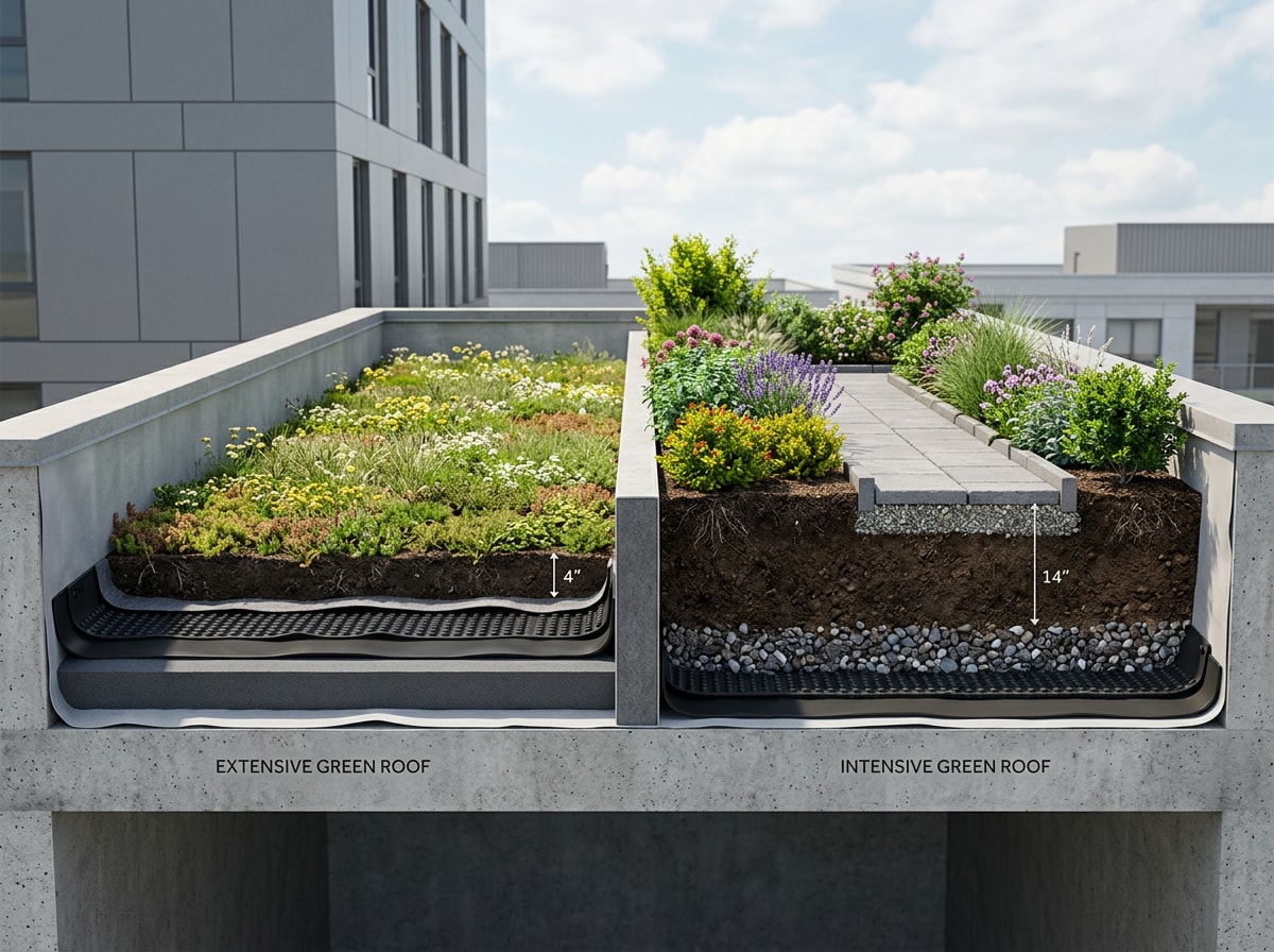 Side-by-side comparison of extensive and intensive green roof systems showing depth, weight, and maintenance differences
