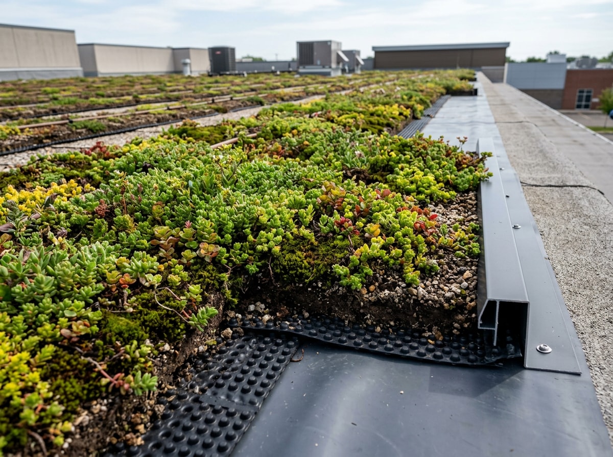 Extensive sedum green roof installed on a flat commercial building roof