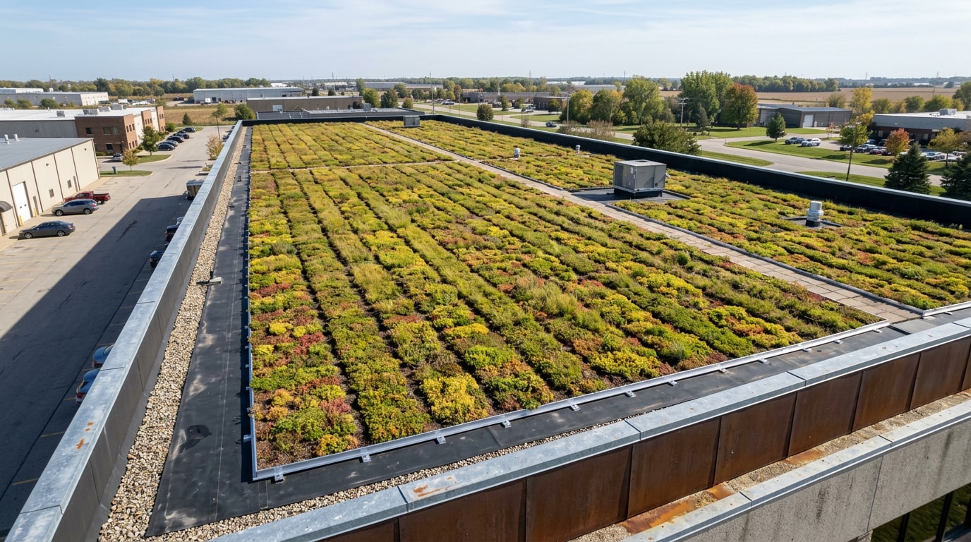 Flat commercial rooftop with an installed extensive green roof system in Lee's Summit, MO