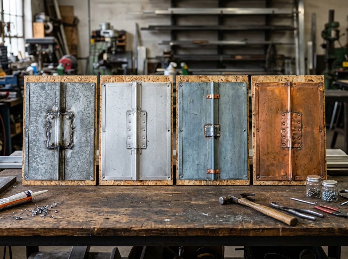 Side-by-side comparison of steel, aluminum, zinc, and copper metal roof panels showing repaired seams