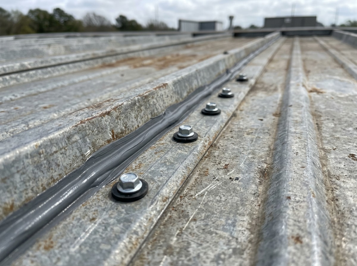 Close-up of a repaired metal roof seam and fastener line after storm damage repair