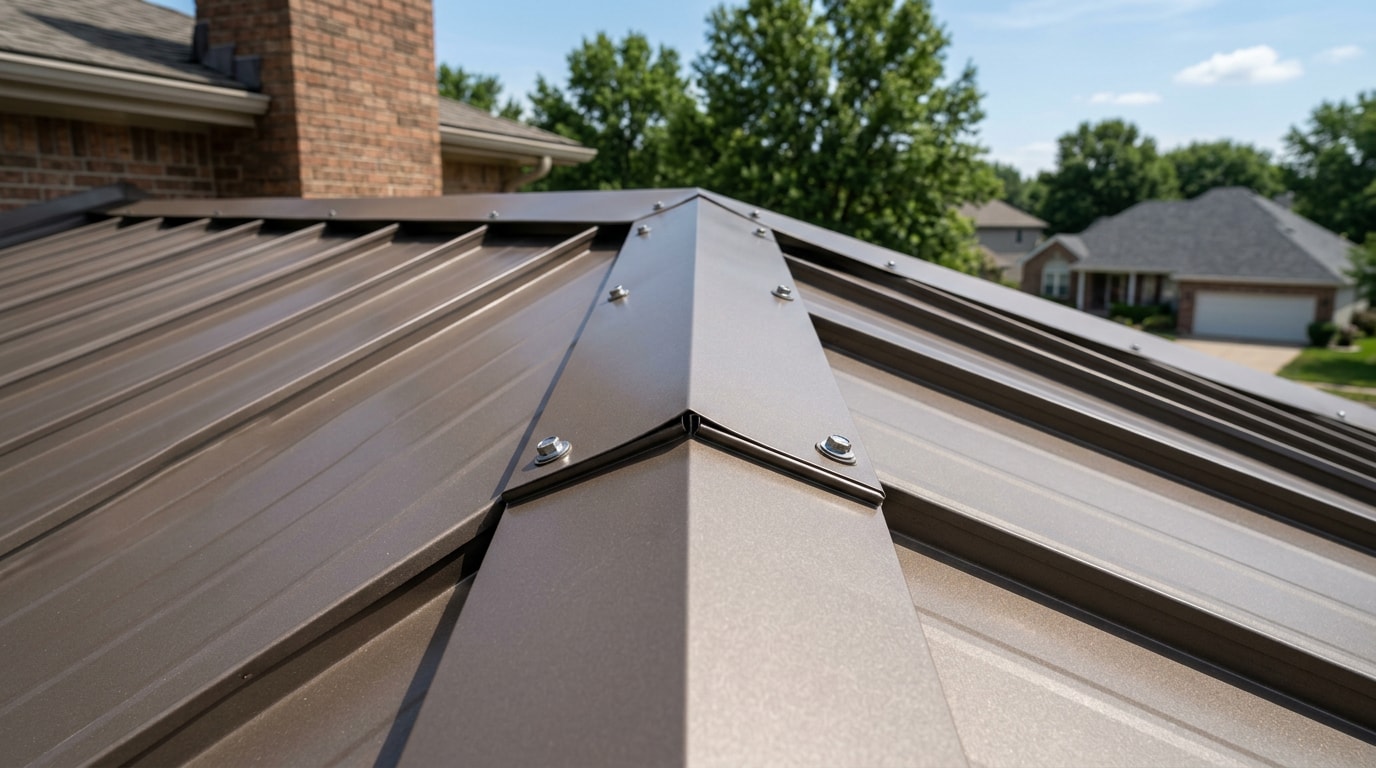 Freshly repaired standing-seam metal roof on a Blue Springs, MO home