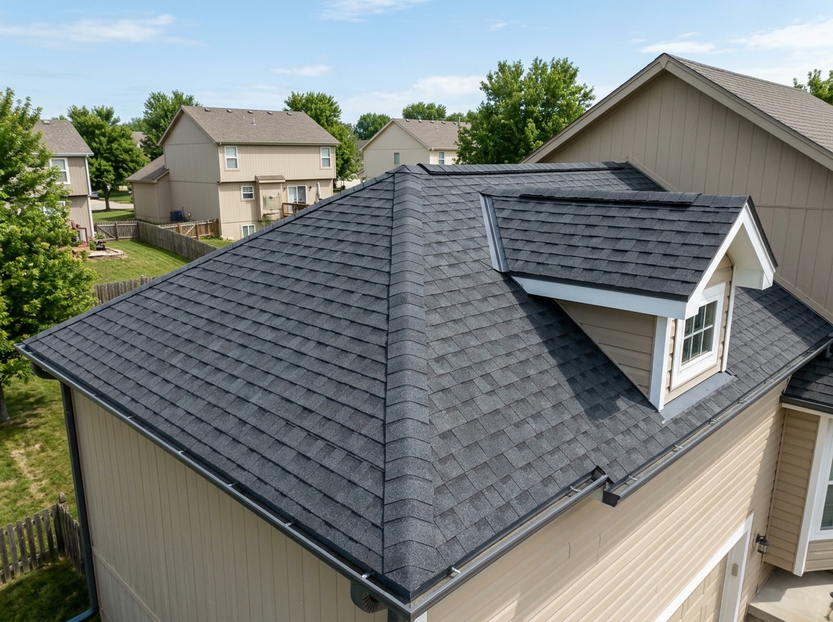 Completed roof replacement on a Mission Hills, KS home with new architectural shingles