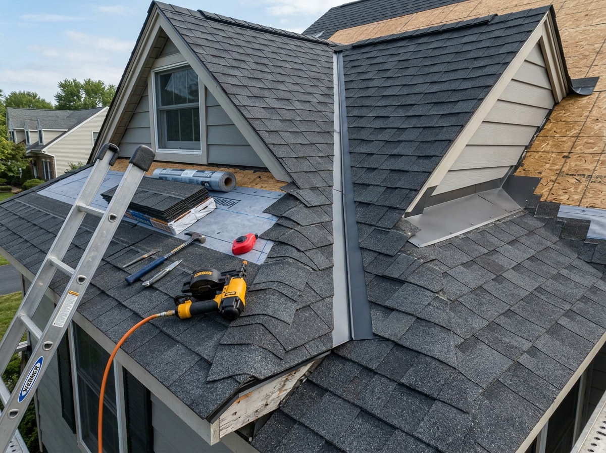 Crew installing architectural asphalt shingles on a steep estate roofline in Mission Hills, KS