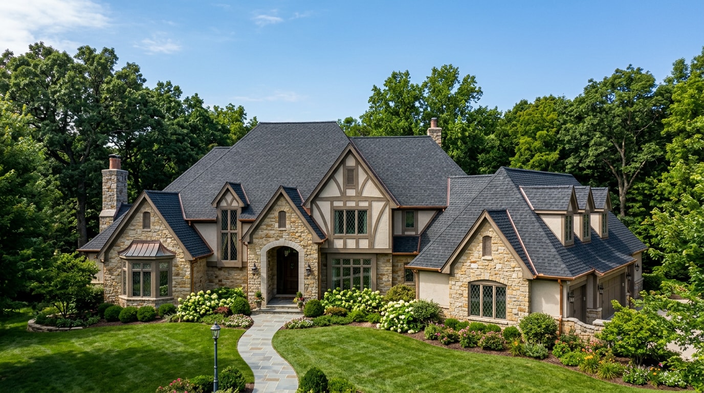 Finished re-roofing project on an upscale estate home in Mission Hills, KS