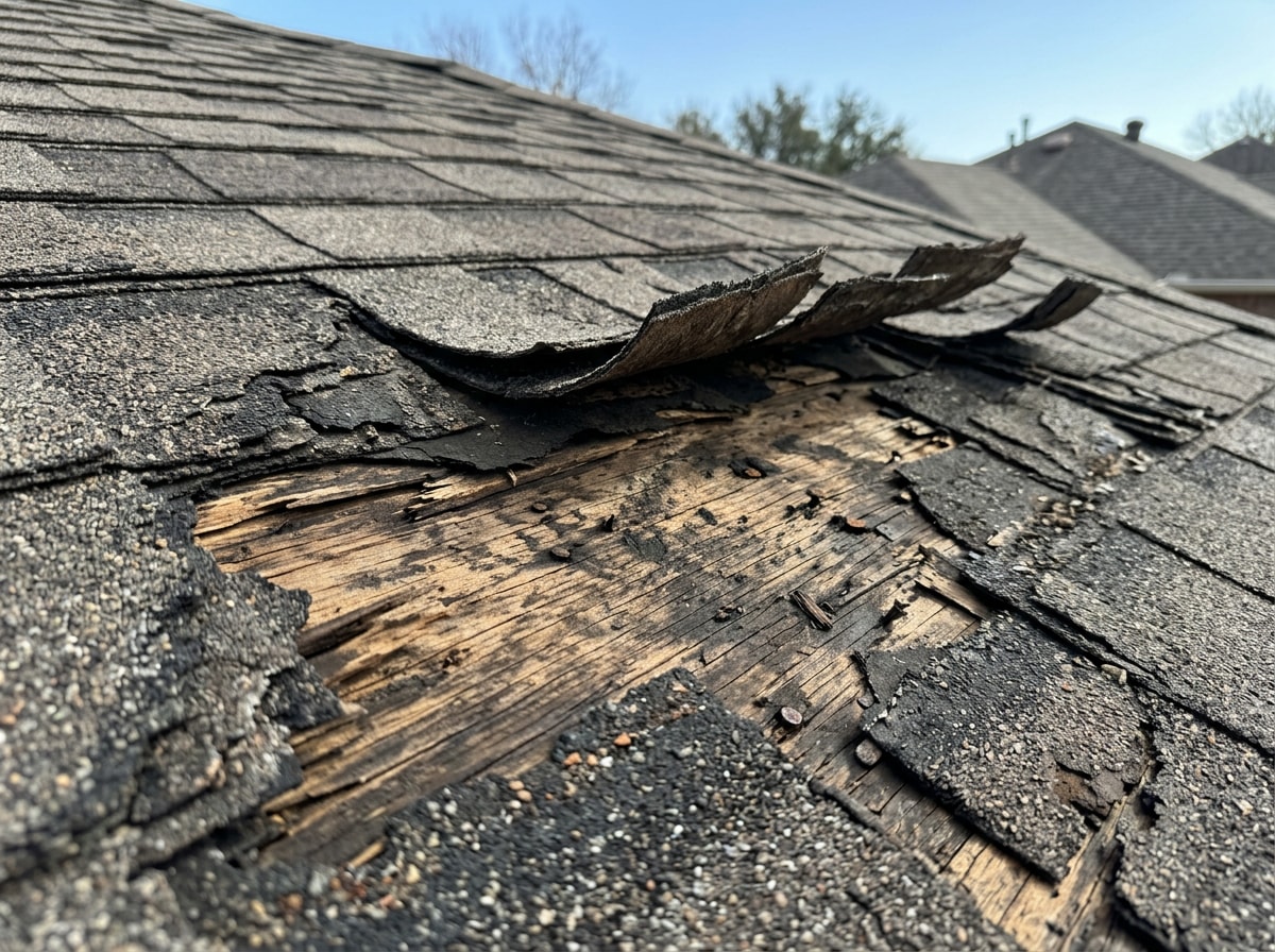 Curling shingles exposing bare roof decking on a Smithville, MO home