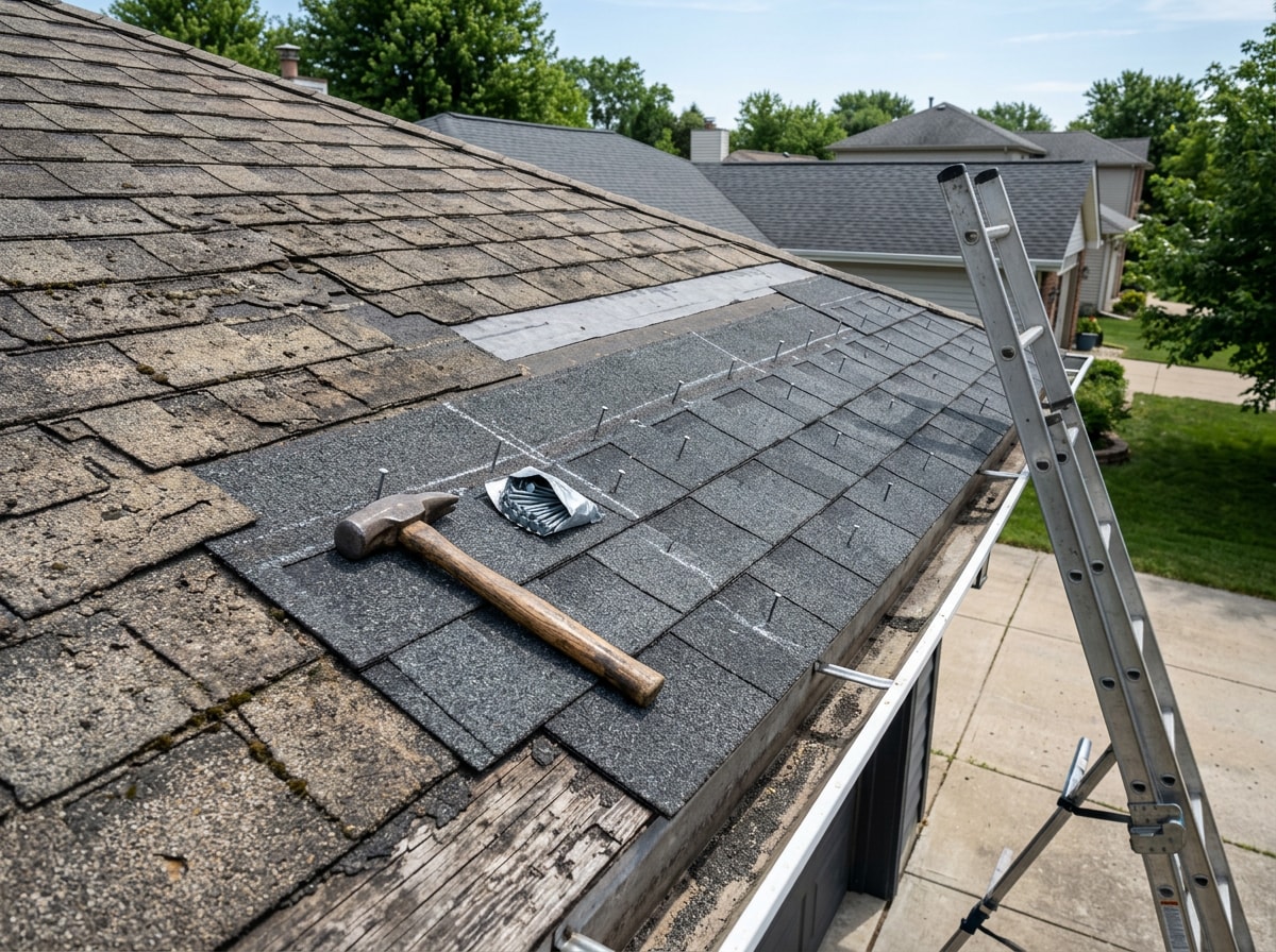 Roofing crew performing a shingle repair on a residential roof in Smithville, MO