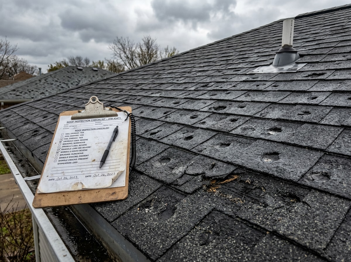 Contractor and insurance adjuster inspecting storm damage on a residential roof