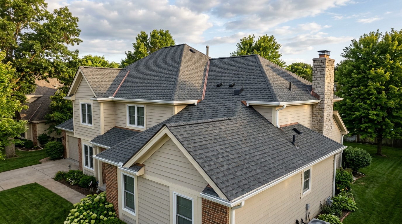 Residential asphalt shingle roof on a Smithville, MO home after professional repair