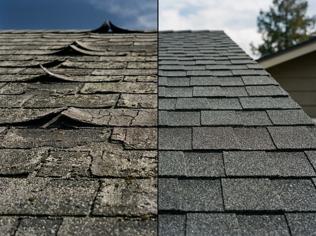 Close-up comparison of damaged curling shingles next to healthy asphalt shingles on a Blue Springs, MO roof