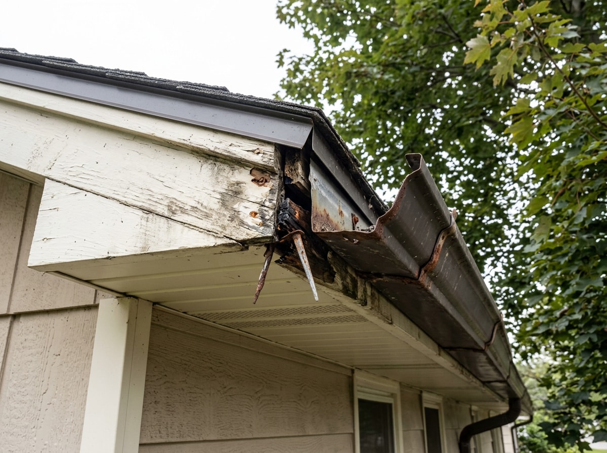Sagging and detached gutter section pulling away from fascia board on a residential roofline