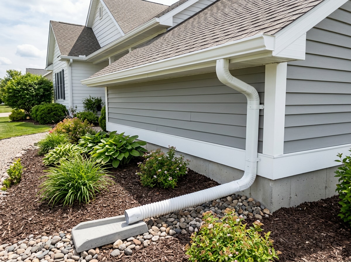 Well-maintained seamless gutter and downspout extension directing water away from a home's foundation