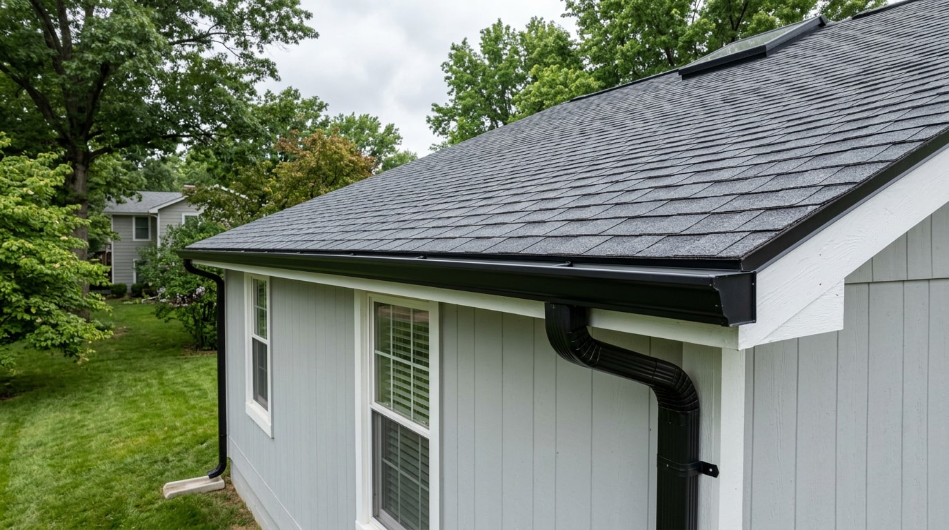 Repaired asphalt shingle roof and seamless gutter system on a Blue Springs, MO home Repaired asphalt shingle roof and seamless gutter system on a Blue Springs, MO home