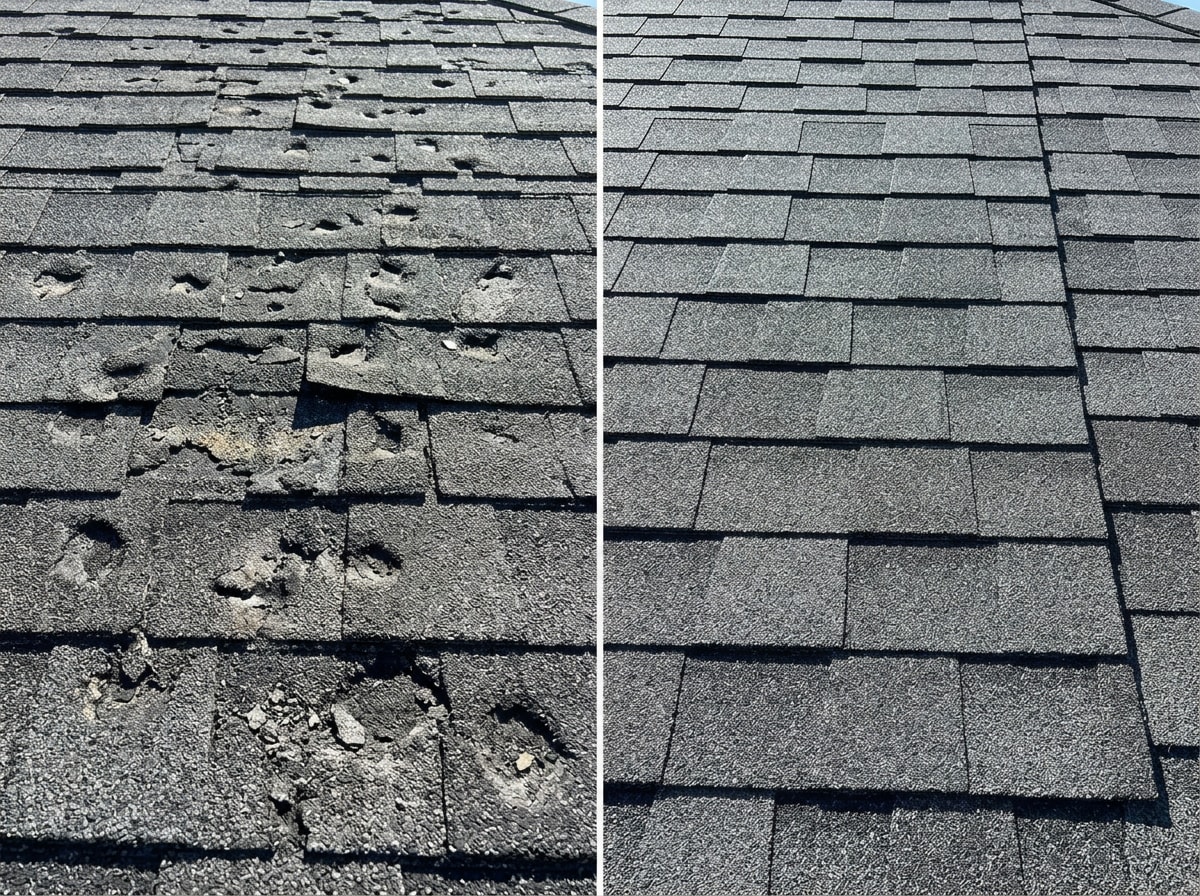 Before and after photo of storm and hail damage repair on a Liberty, MO roof