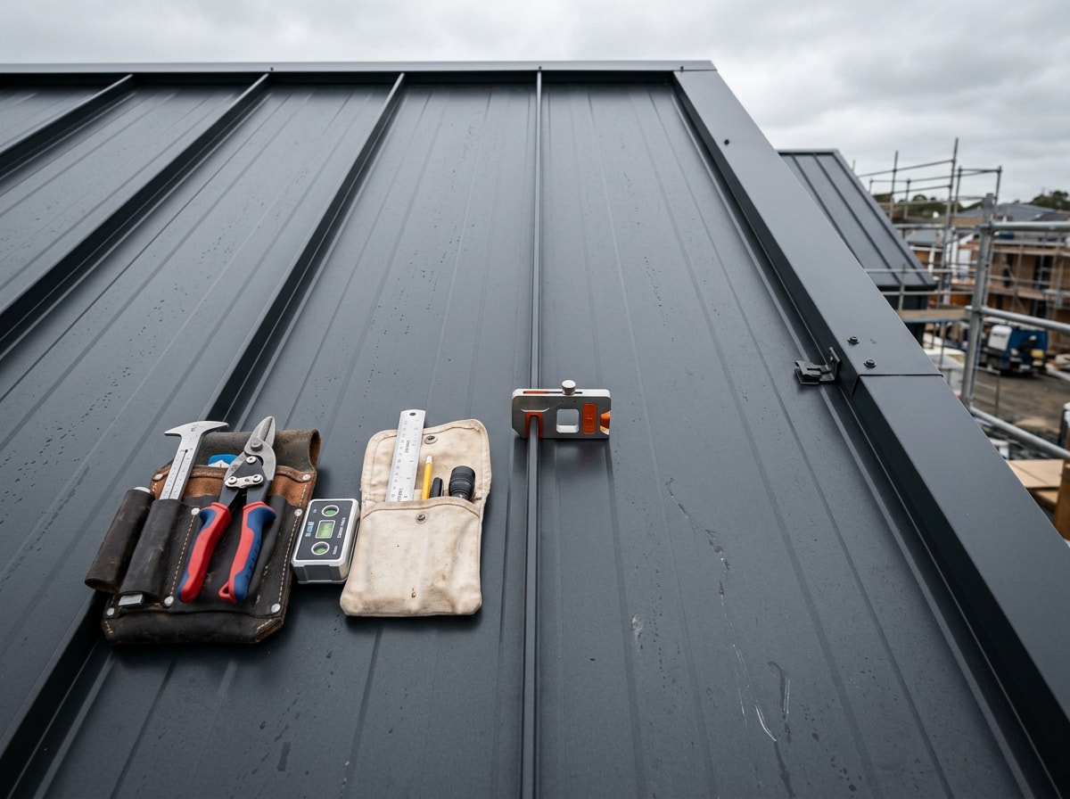 Technician inspecting seams and flashing during a metal roof restoration process