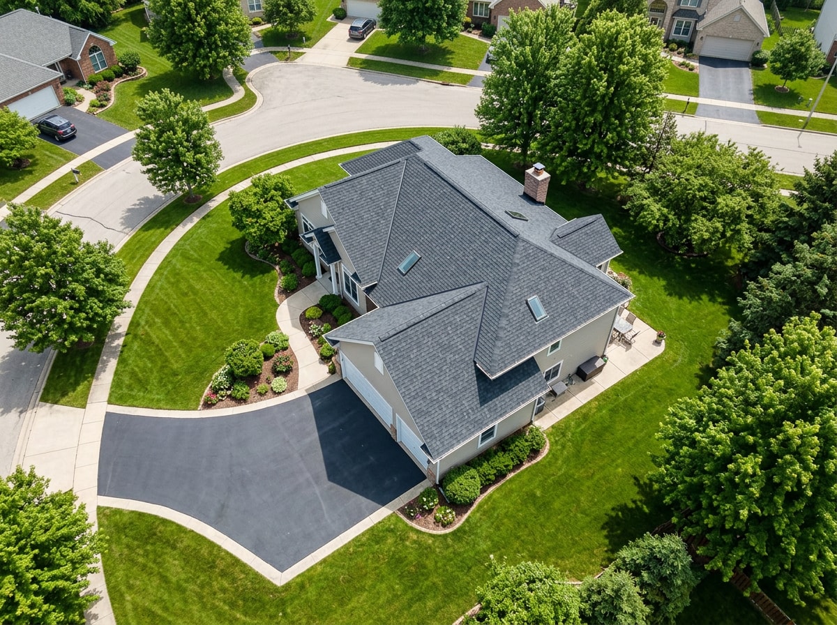 Aerial view of a newly replaced asphalt shingle roof on a suburban Olathe, Kansas home