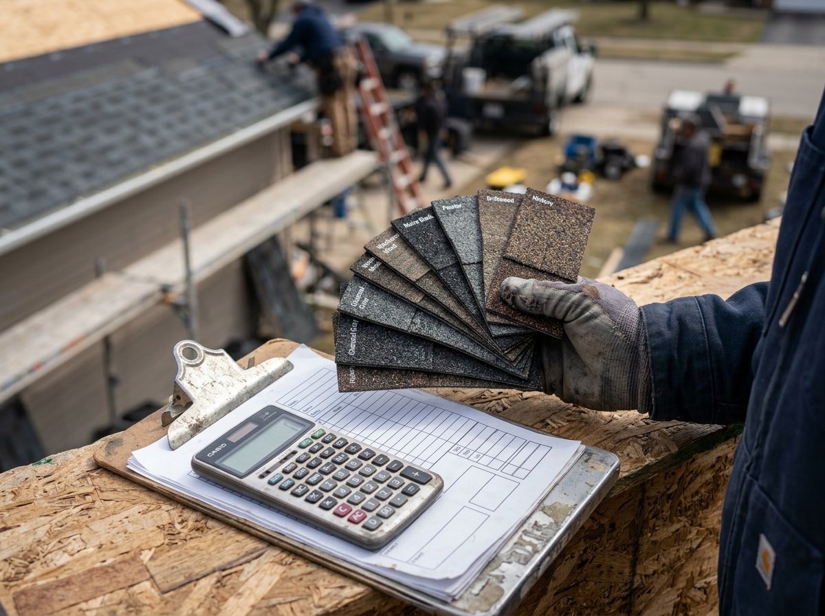 Close-up of a contractor's hand holding architectural shingle samples against a clipboard with a financing estimate