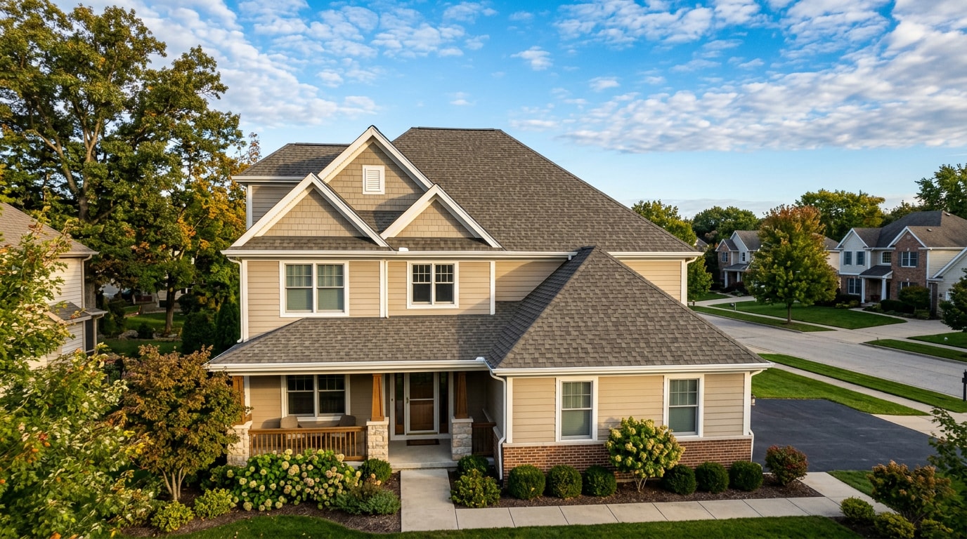 Finished residential roof replacement on a suburban Olathe, Kansas home