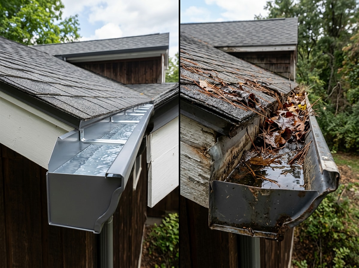 Close-up of a clean, securely attached residential gutter system versus a sagging, debris-clogged gutter