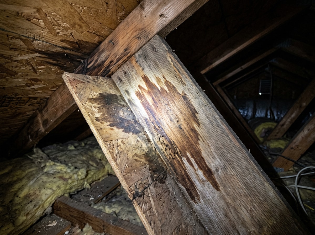Close-up of water staining and moisture damage on attic roof decking near a rafter