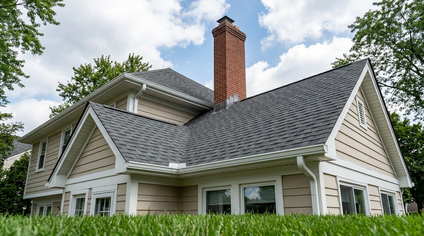 Residential asphalt shingle roof with clean gutters and chimney flashing in Olathe, KS