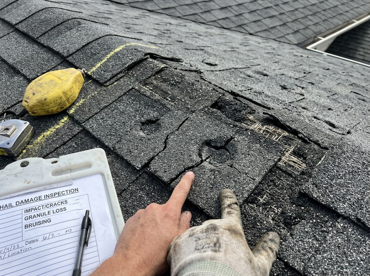 Hail-damaged asphalt shingle roof in Smithville, MO after a Clay County storm
