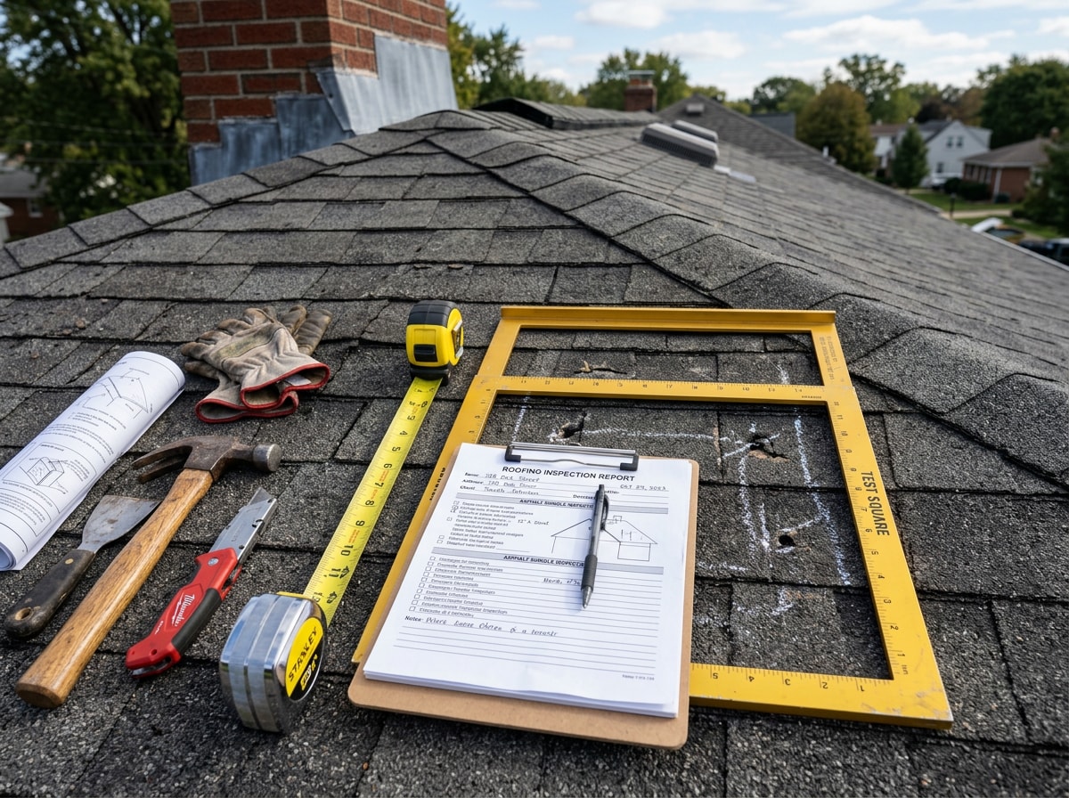 Roofing contractor performing a HAAG certified storm damage inspection on a residential roof