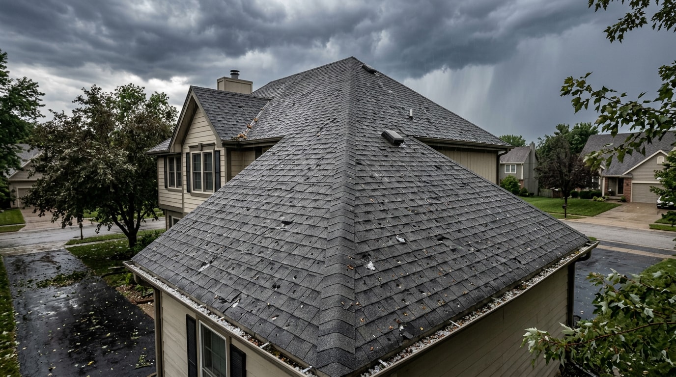 Storm-damaged asphalt shingle roof on a Smithville, MO home after a hailstorm Storm-damaged asphalt shingle roof on a Smithville, MO home after a hailstorm