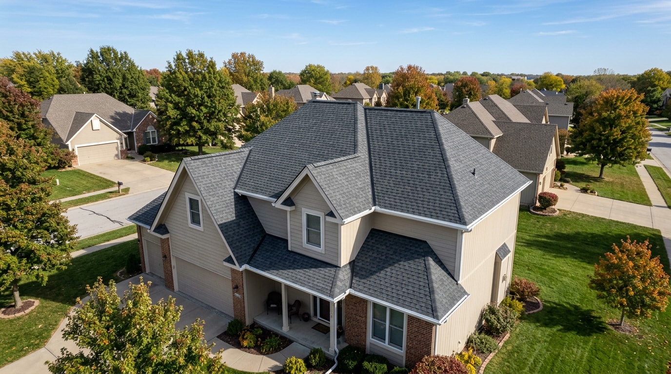 Finished architectural shingle roof on a suburban home in Lee's Summit, MO Finished architectural shingle roof on a suburban home in Lee's Summit, MO
