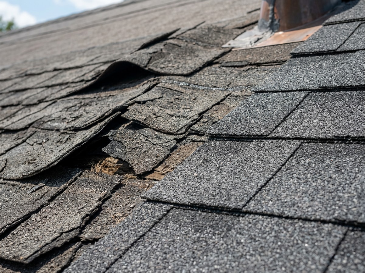Close-up of curled and cracked asphalt shingles showing early shingle damage during a roof inspection