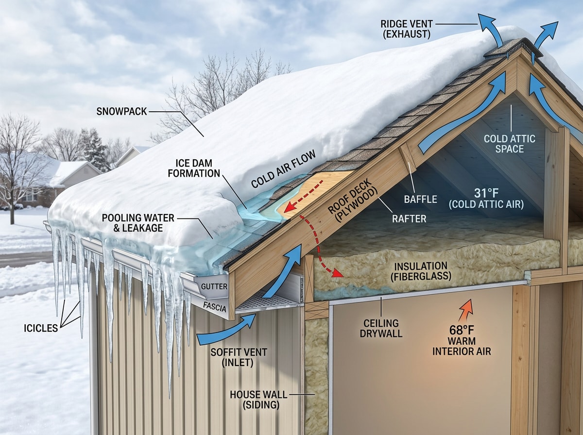 Diagram showing ice dam formation at the roof eaves and how attic ventilation prevents winter roof damage