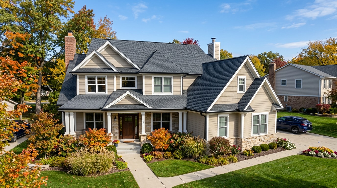 Well-maintained asphalt shingle roof on a Hallbrook, MO home with clean gutters and visible roof ventilation