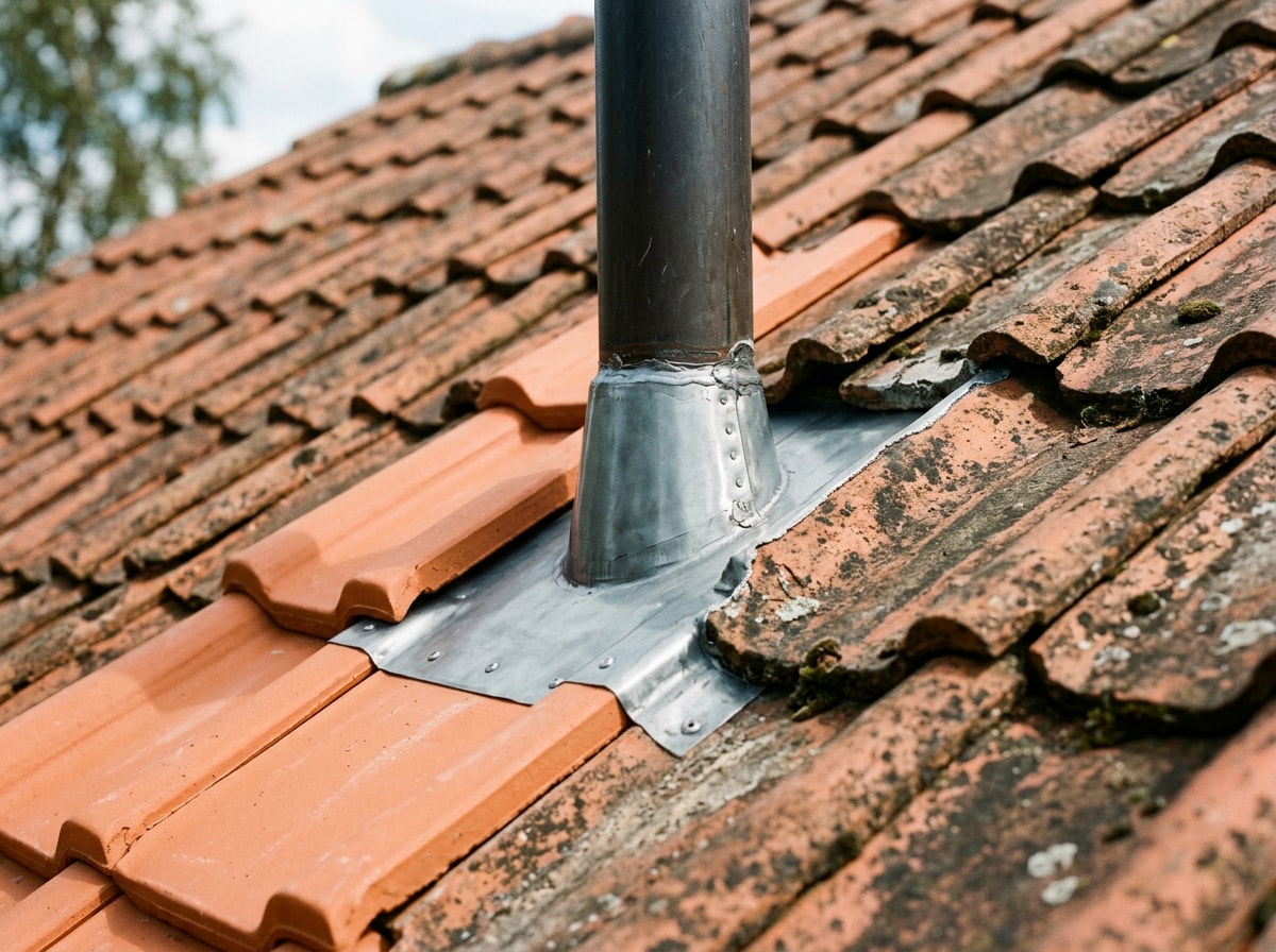 Close-up of a repaired section of clay tile roofing with new flashing installed