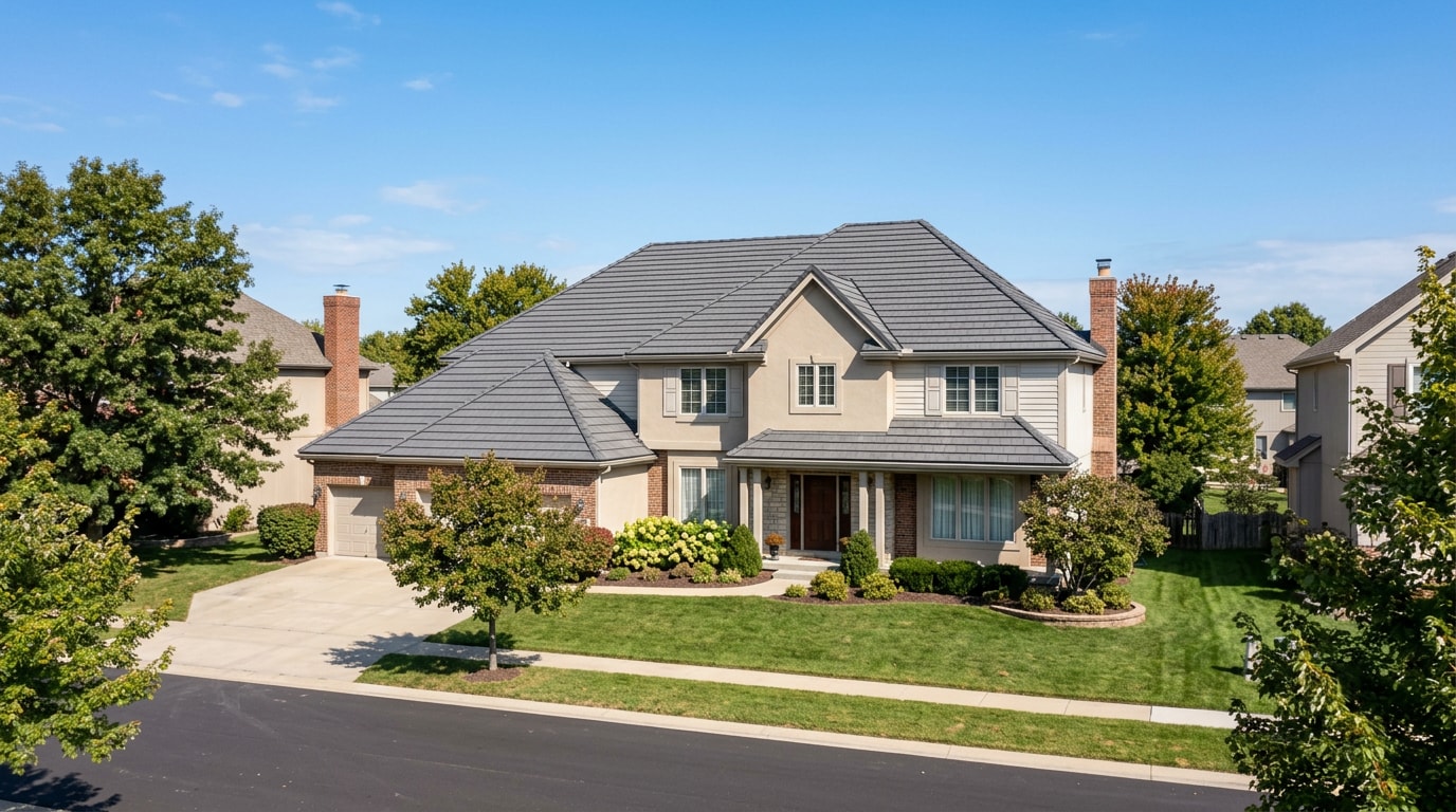 Finished concrete tile roof on a two-story home in Smithville, MO Finished concrete tile roof on a two-story home in Smithville, MO