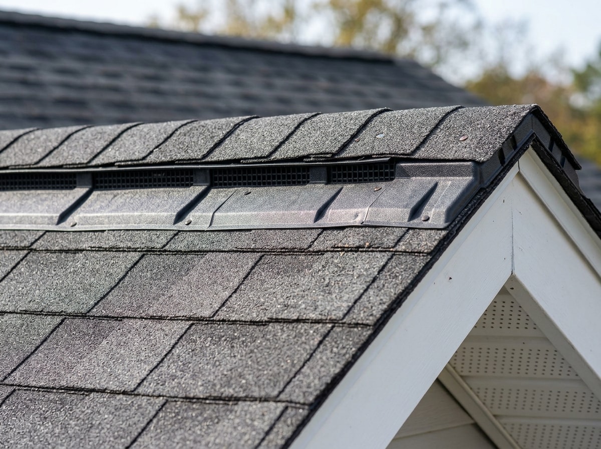 Close-up of a ridge vent and soffit vent system installed along a shingled roofline