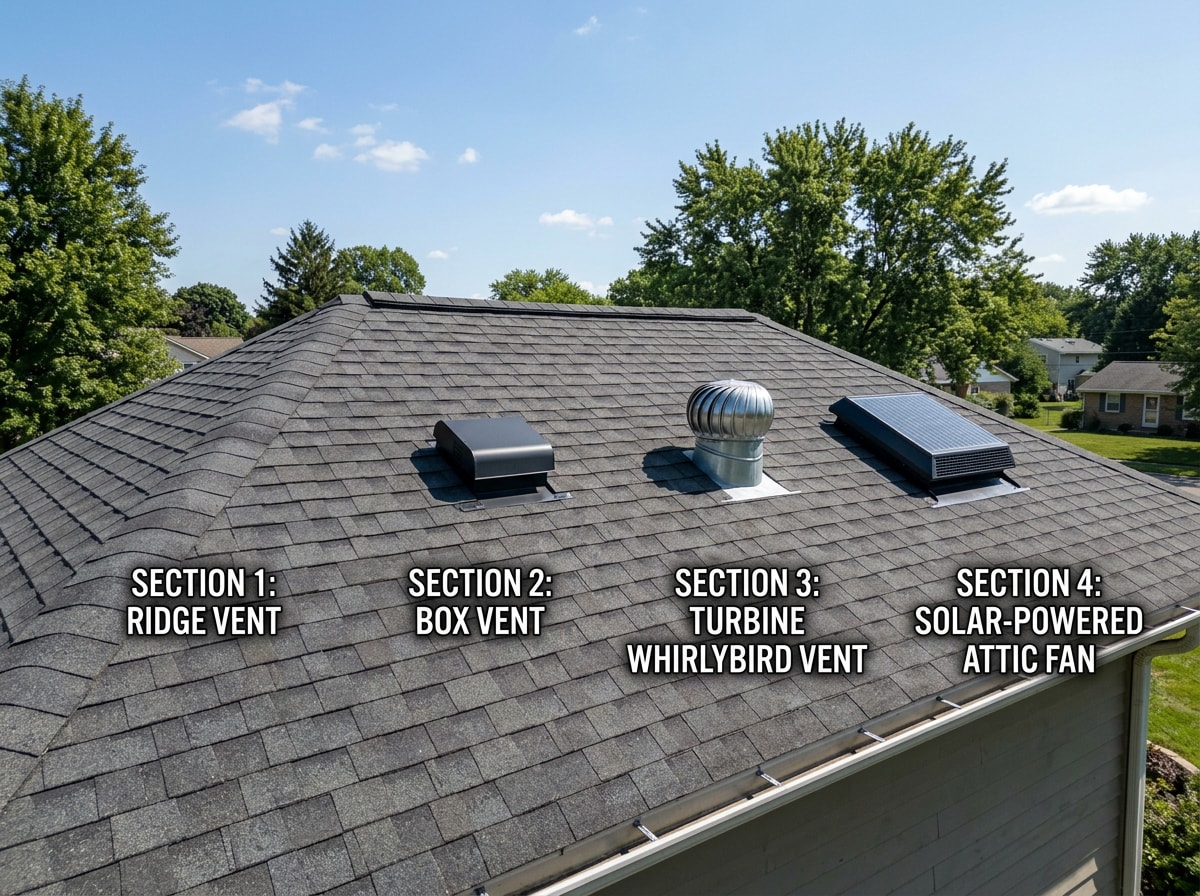 Comparison of ridge vent, box vent, turbine vent, and solar attic fan installations on a residential roof