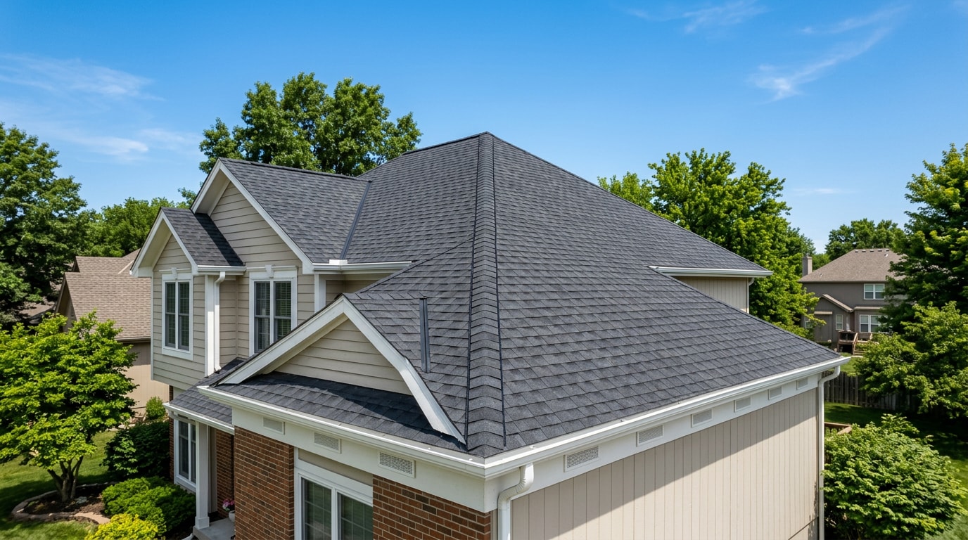 Residential asphalt shingle roof in Overland Park, KS showing a ridge vent and soffit ventilation system