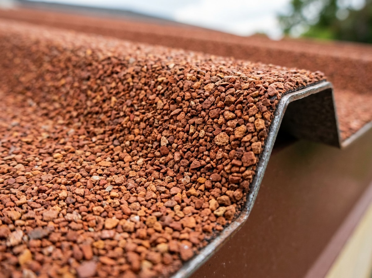 Close-up texture of a stone-coated steel roofing panel