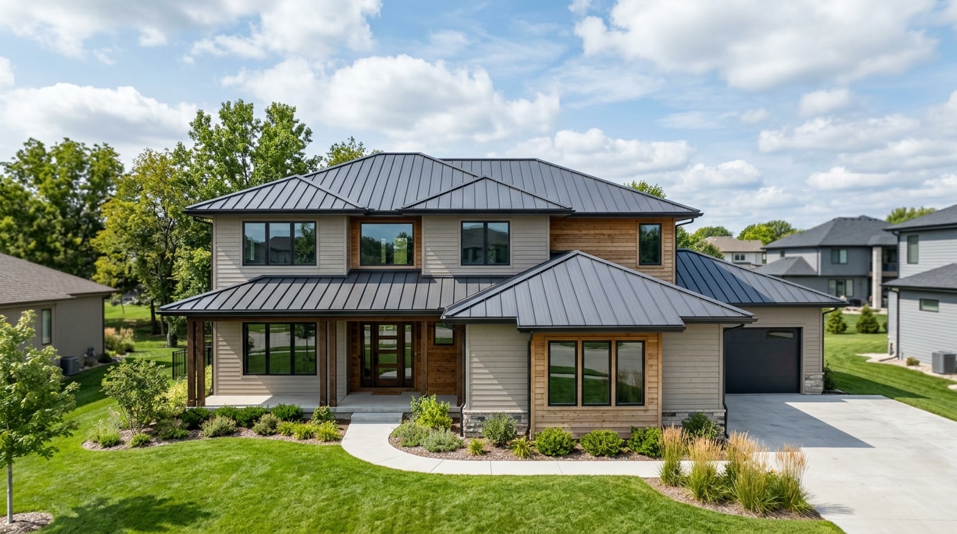 Finished standing seam steel roof installation on a suburban home Finished standing seam steel roof installation on a suburban home