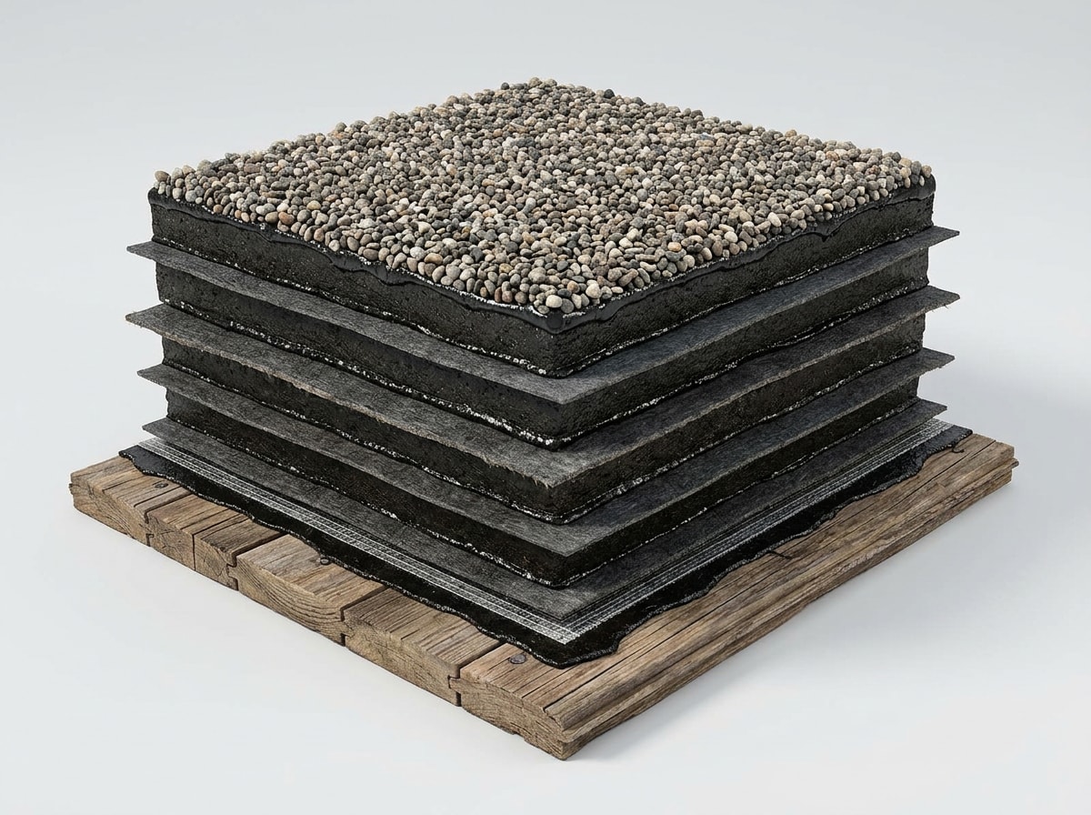 Cross-section diagram of a built-up tar and gravel roof showing asphalt and felt layers