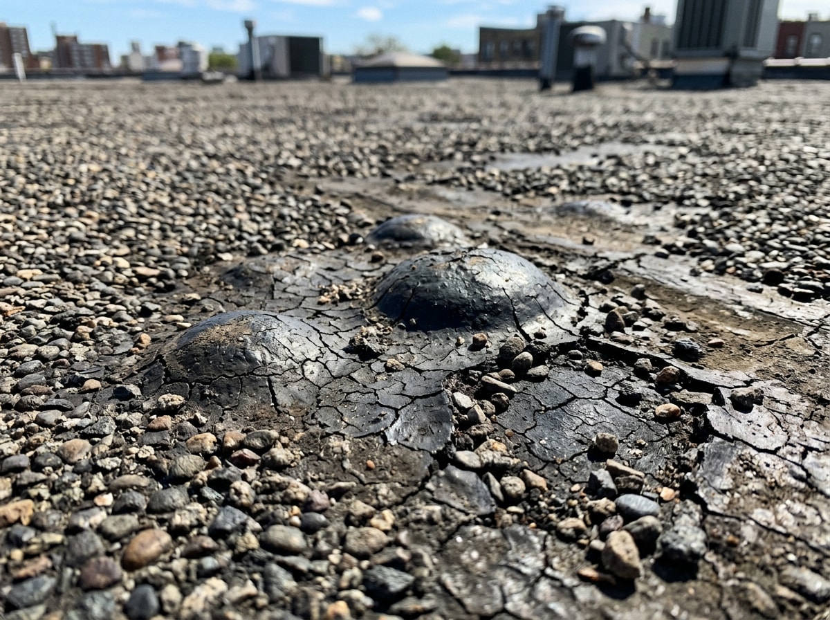 Close-up of a blistered and cracked tar roof membrane showing surface deterioration