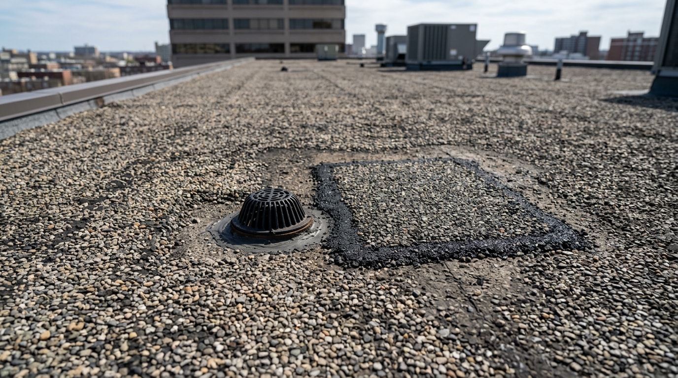 Finished tar and gravel built-up roof on a commercial building in Liberty, MO