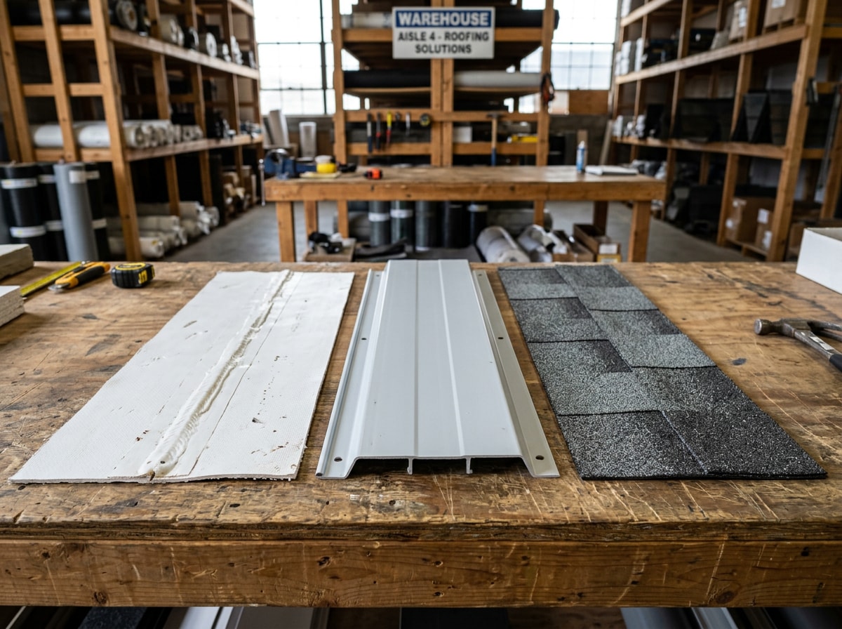 Comparison of single-ply PVC membrane, rigid PVC panels, and vinyl-coated shingles on a low-slope roof section