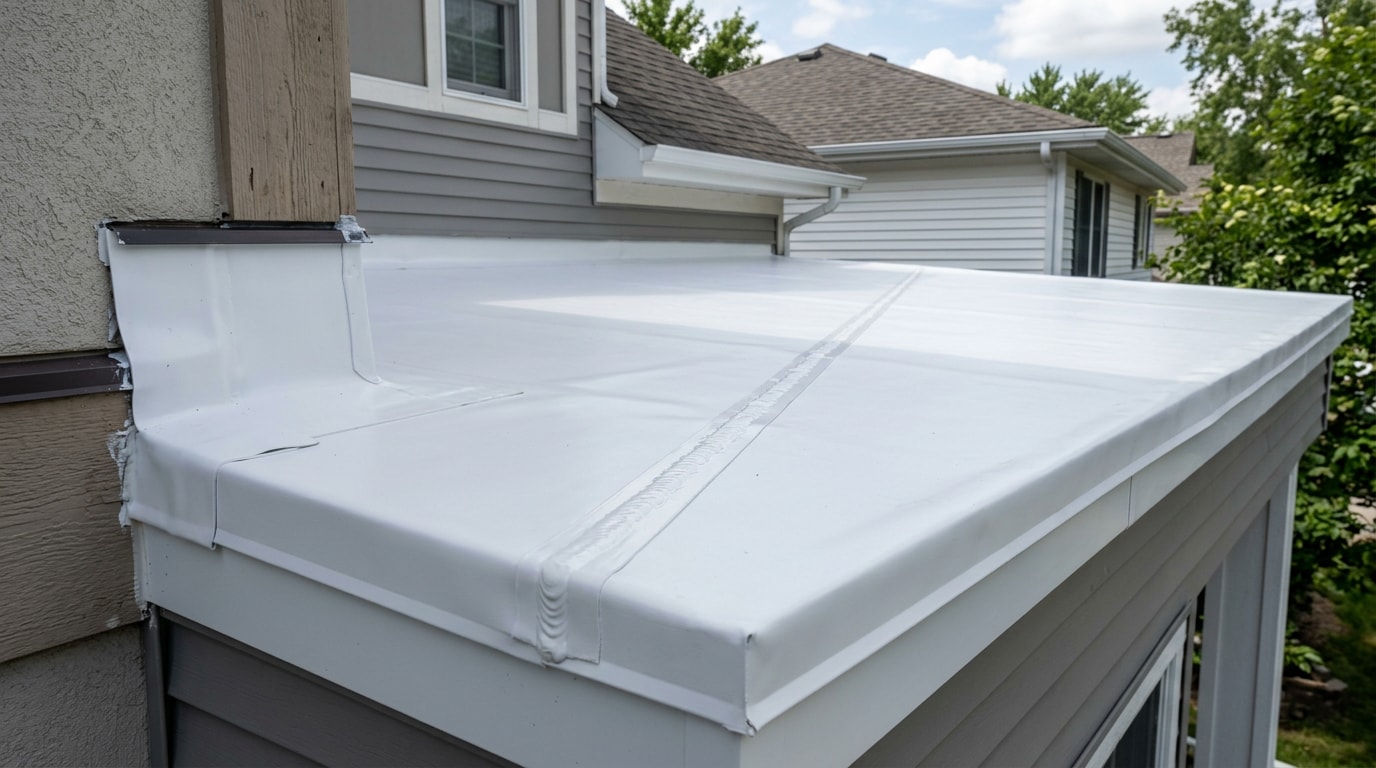 Freshly installed white PVC vinyl roofing membrane on a flat porch roof with heat-welded seams