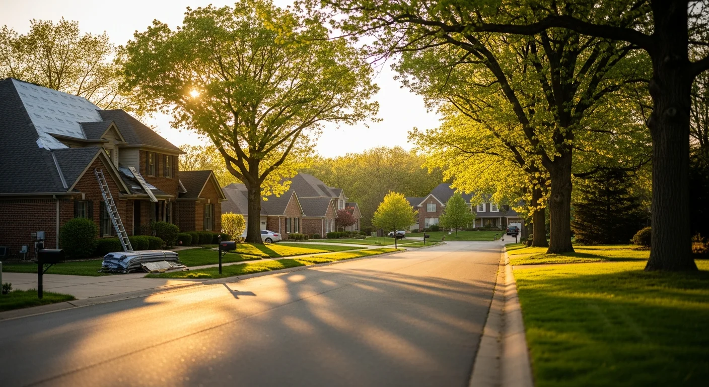 Residential street in Blue Springs with well-maintained homes and mature trees lining the sidewalk.