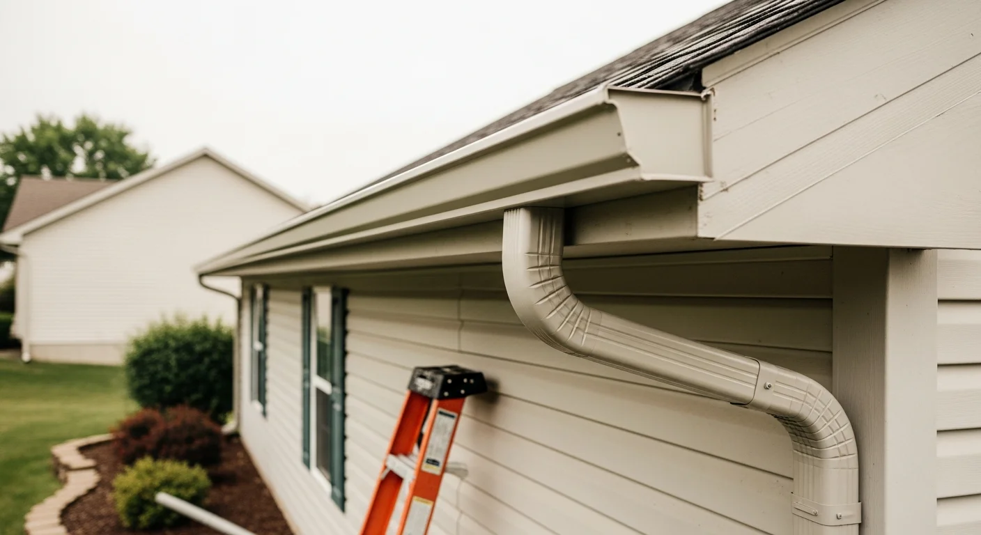 Freshly installed 5-inch gutters running along the roofline of a residential home in Blue Springs, Missouri. Downspouts extend to ground level, directing water away from the home's foundation and landscaping.